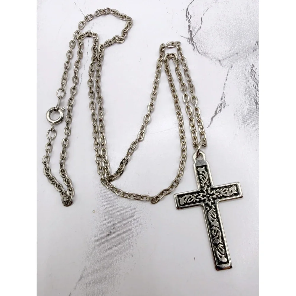 Silver Tone Engraved Christian Cross Pendant Necklace 20